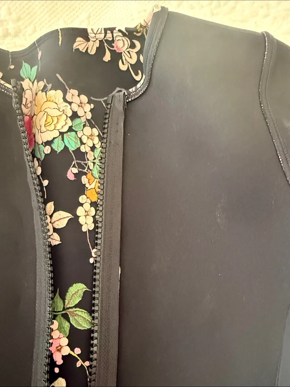 Johnny Was Black Floral Zip-Front neoprene wetsuit  with Pink & Yellow Accents
